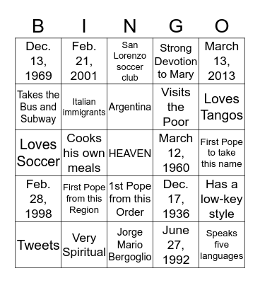 POPE FRANCIS Bingo Card