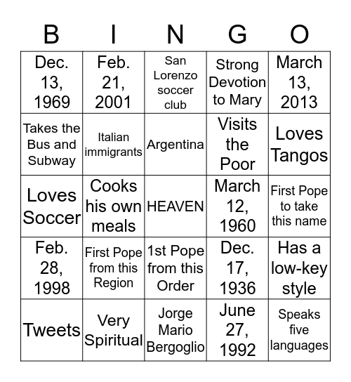 POPE FRANCIS Bingo Card