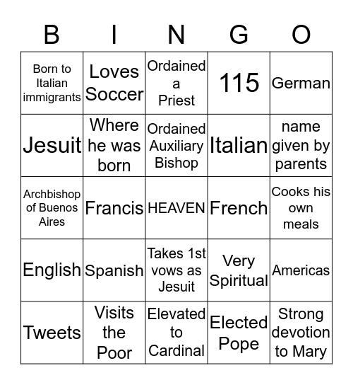 POPE FRANCIS Bingo Card