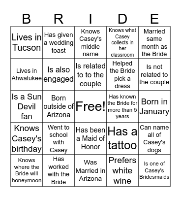 Casey's Bridal Shower Bingo Card