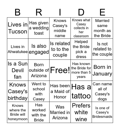 Casey's Bridal Shower Bingo Card
