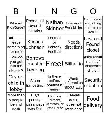Sunday Front Desk Bingo Card