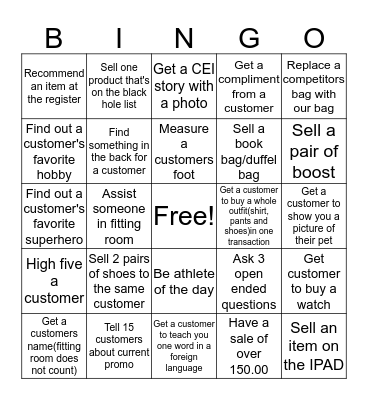Adidas Bingo Card