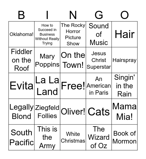 Musicals Bingo Card