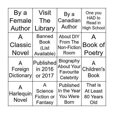 Adult Reading Challenge: Read These Books Bingo Card