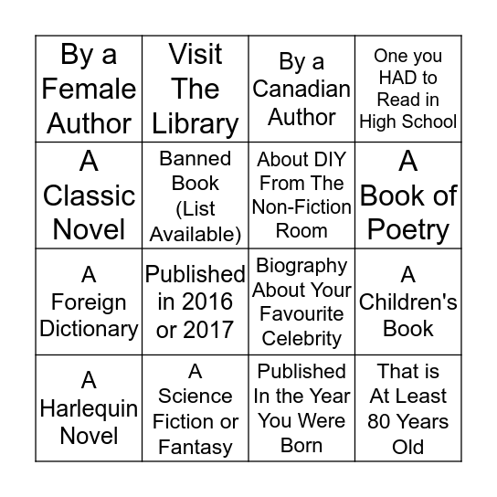 Adult Reading Challenge: Read These Books Bingo Card