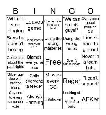 Bronze Bingo Card
