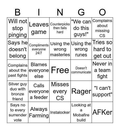 Bronze Bingo Card