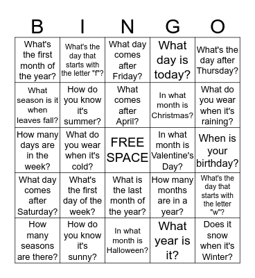 Days, Months, Weather and Season. Bingo Card