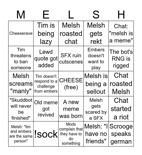 Melsh's Cheesy Bingo Card