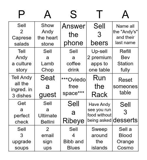 It's just Pasta and Sauce Bingo Card