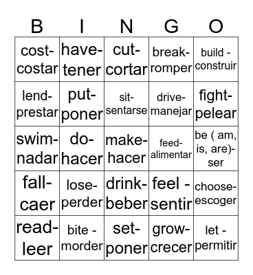 verbs  Bingo Card