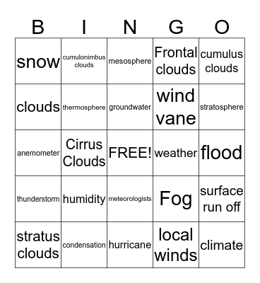 Weather Bingo Card