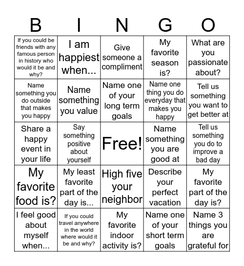 Positivity Bingo Card