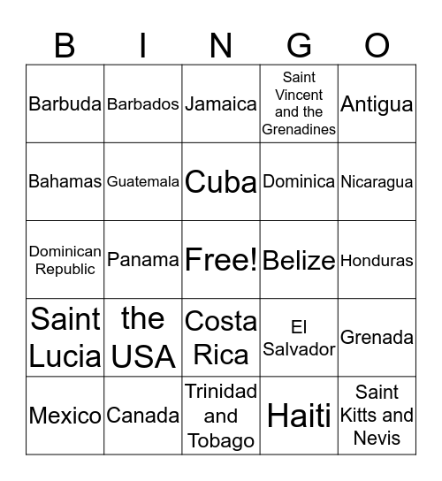 North American Countries Bingo Card