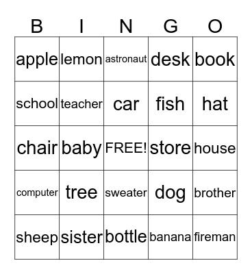 Noun Bingo Card