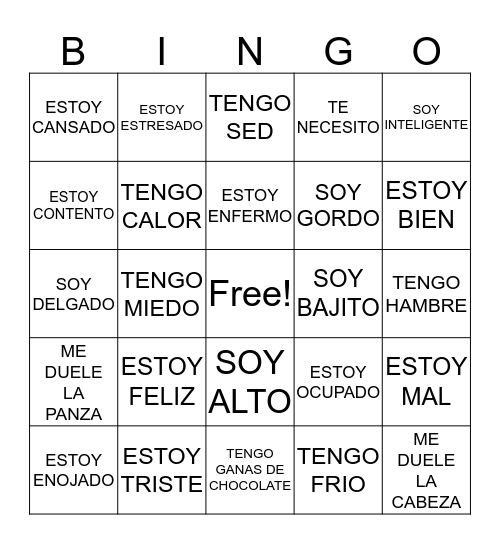 LOS ADJETIVOS Bingo Card