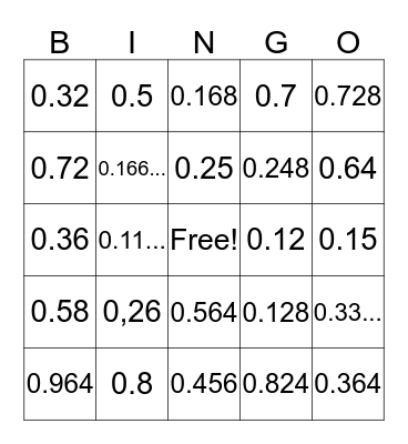 Fraction to Decimals Bingo Card