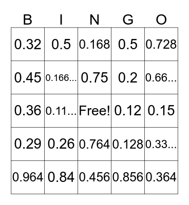 Fraction to Decimals Bingo Card