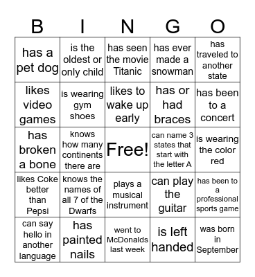 Find a Friend Bingo Card