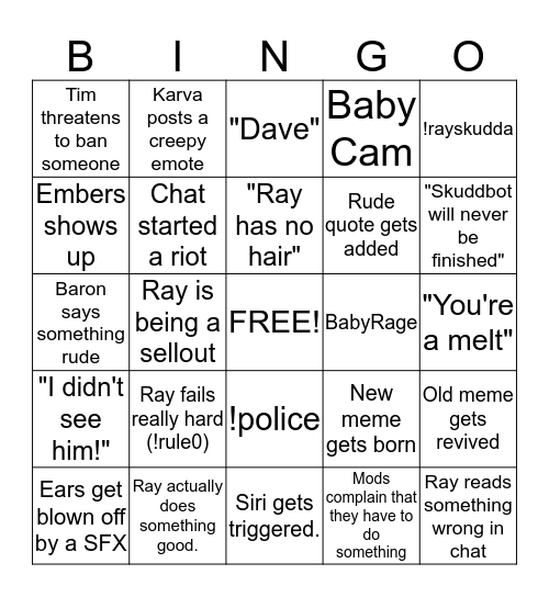 Rayscooter Bingo Card