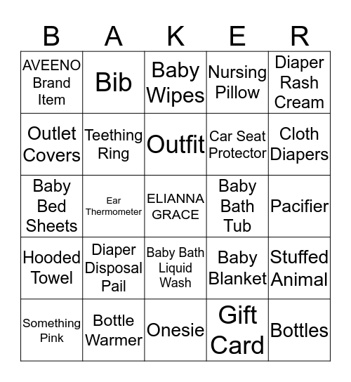 Baker Baby Bingo! Bingo Card