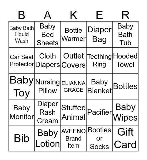 Baker Baby Bingo! Bingo Card