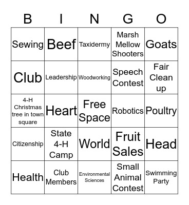 WEST ELK CREE 4-H BINGO Card