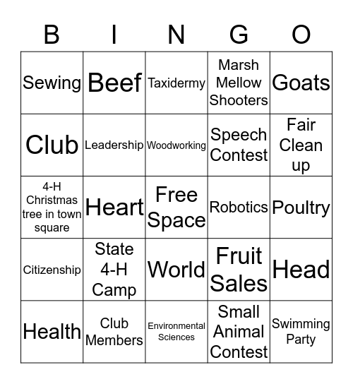 WEST ELK CREE 4-H BINGO Card