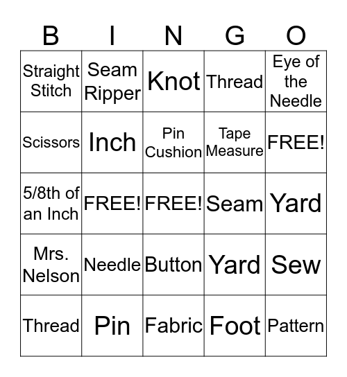 Sewing Bingo Card