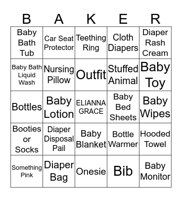 Baker Baby Bingo! Bingo Card