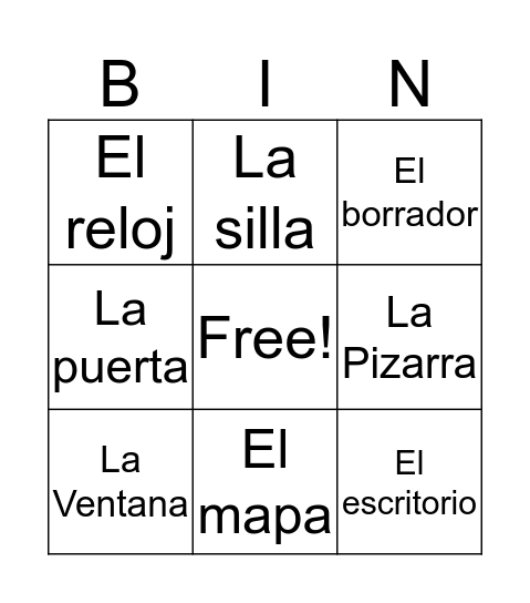 Classroom Word Bingo Card