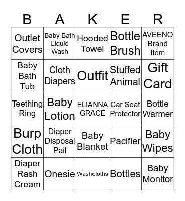 Baker Baby Bingo! Bingo Card