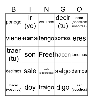 present tense irregular verbs Bingo Card