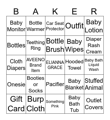 Baker Baby Bingo! Bingo Card