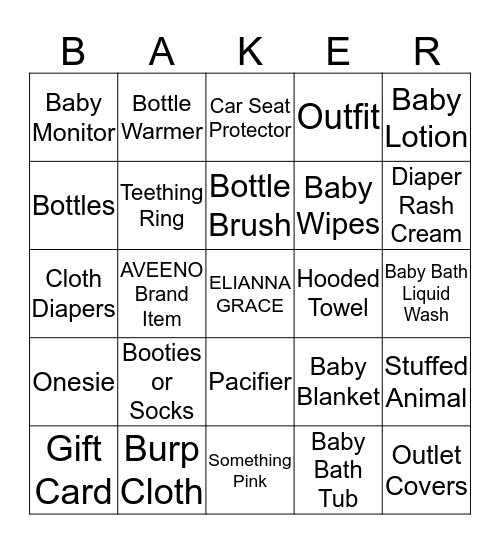 Baker Baby Bingo! Bingo Card