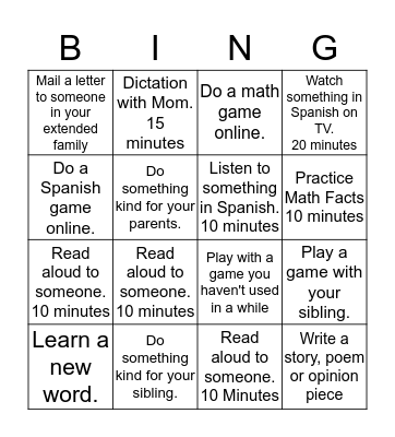 Weekly Bingo Card