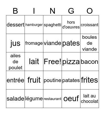 nourriture Bingo Card