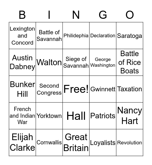 American Revolution Bingo Card