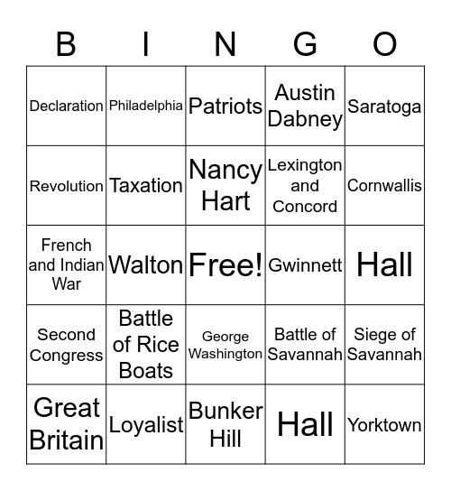 American Revolution Bingo Card