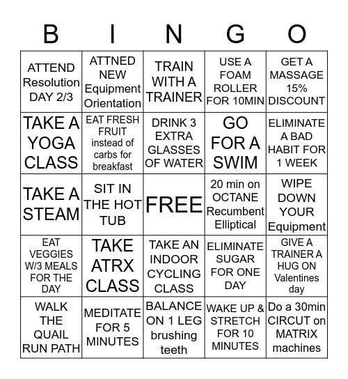 February Fitness Challenge Bingo Card