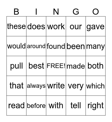 Dolch Word Bingo Card