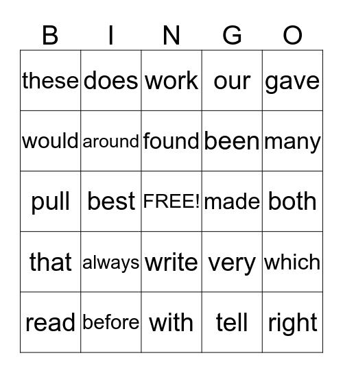 Dolch Word Bingo Card