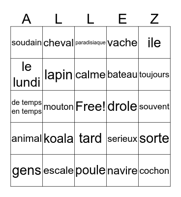 French II Vocab. de semaine/Imparfait/animaux Bingo Card