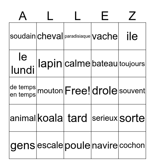 French II Vocab. de semaine/Imparfait/animaux Bingo Card