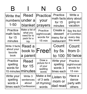 Homework Bingo Card