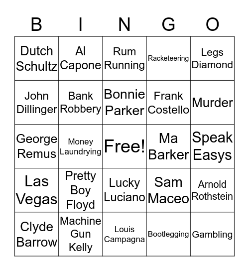 Bonnie and Clyde and Gangsters Bingo Card