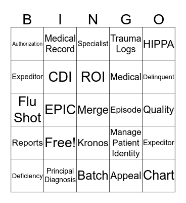 Medical Records Bingo Card