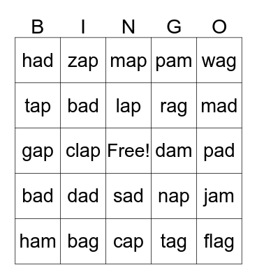 same word families Bingo Card