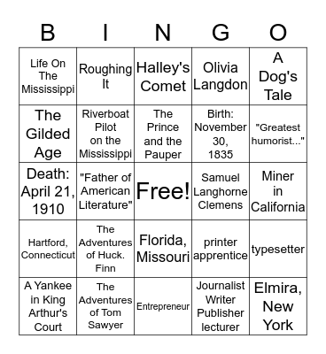 Mark Twain Bingo Card